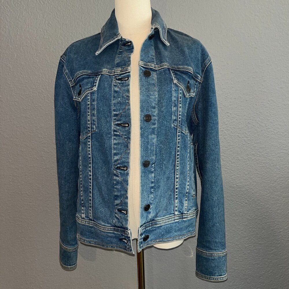RAG & BONE / JEAN DISTRESSED BLUE DENIM TRUCKER JEAN JACKET - MADE IN USA  SMALL